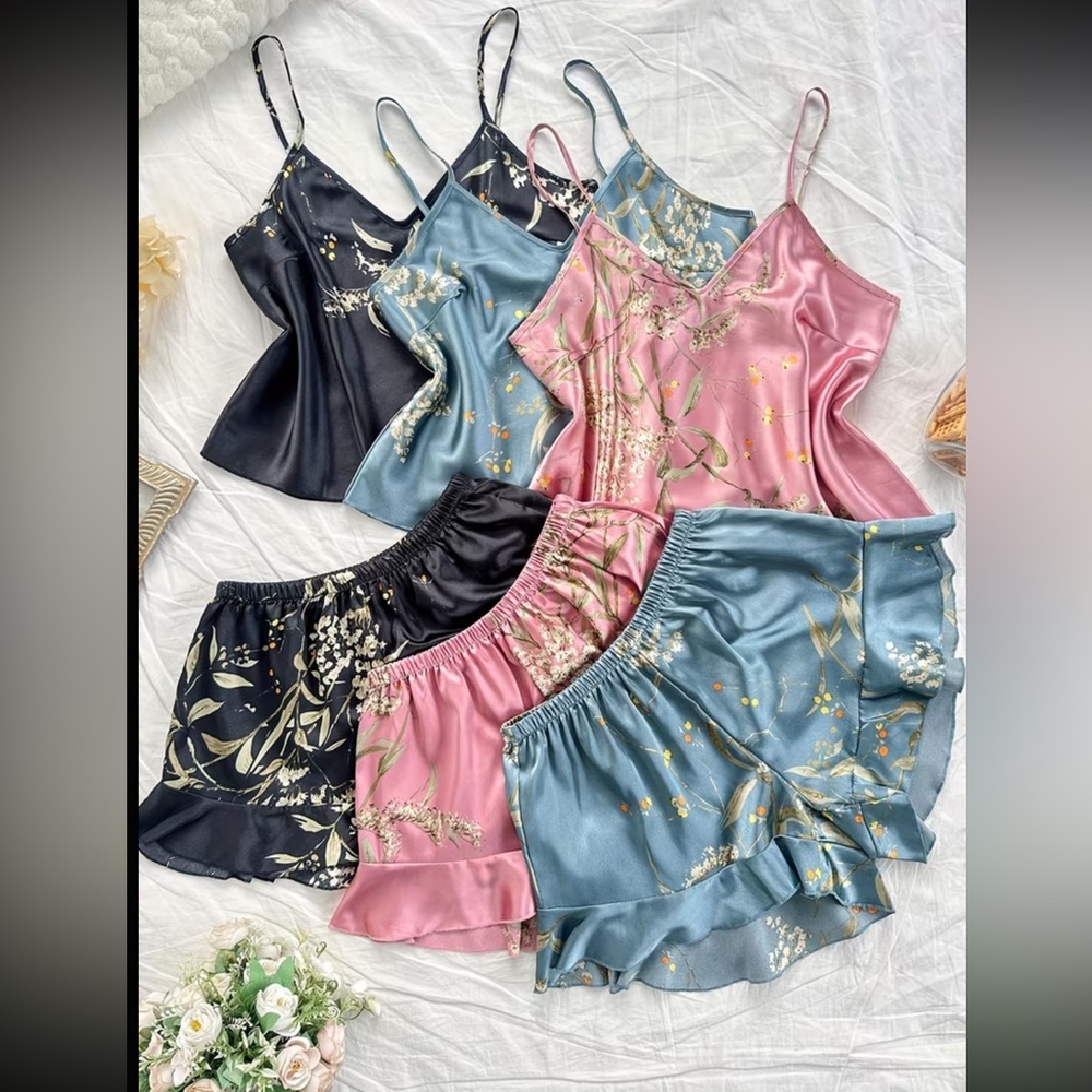 3 sets of Floral Satin Cami and Shorts Set - Pink, Blue, Black